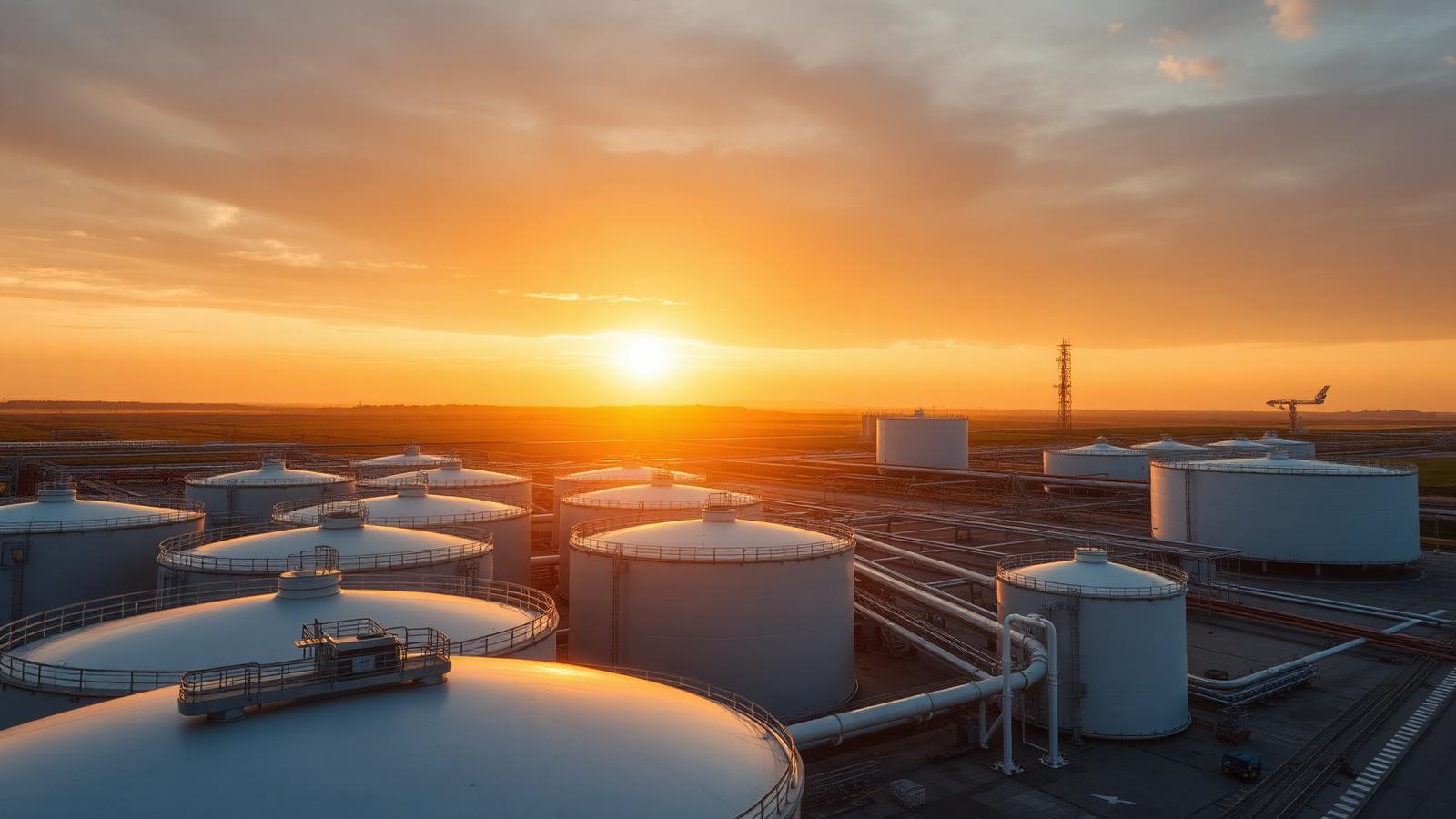 European fuel storage terminal with white tanks and pipework at sunrise
