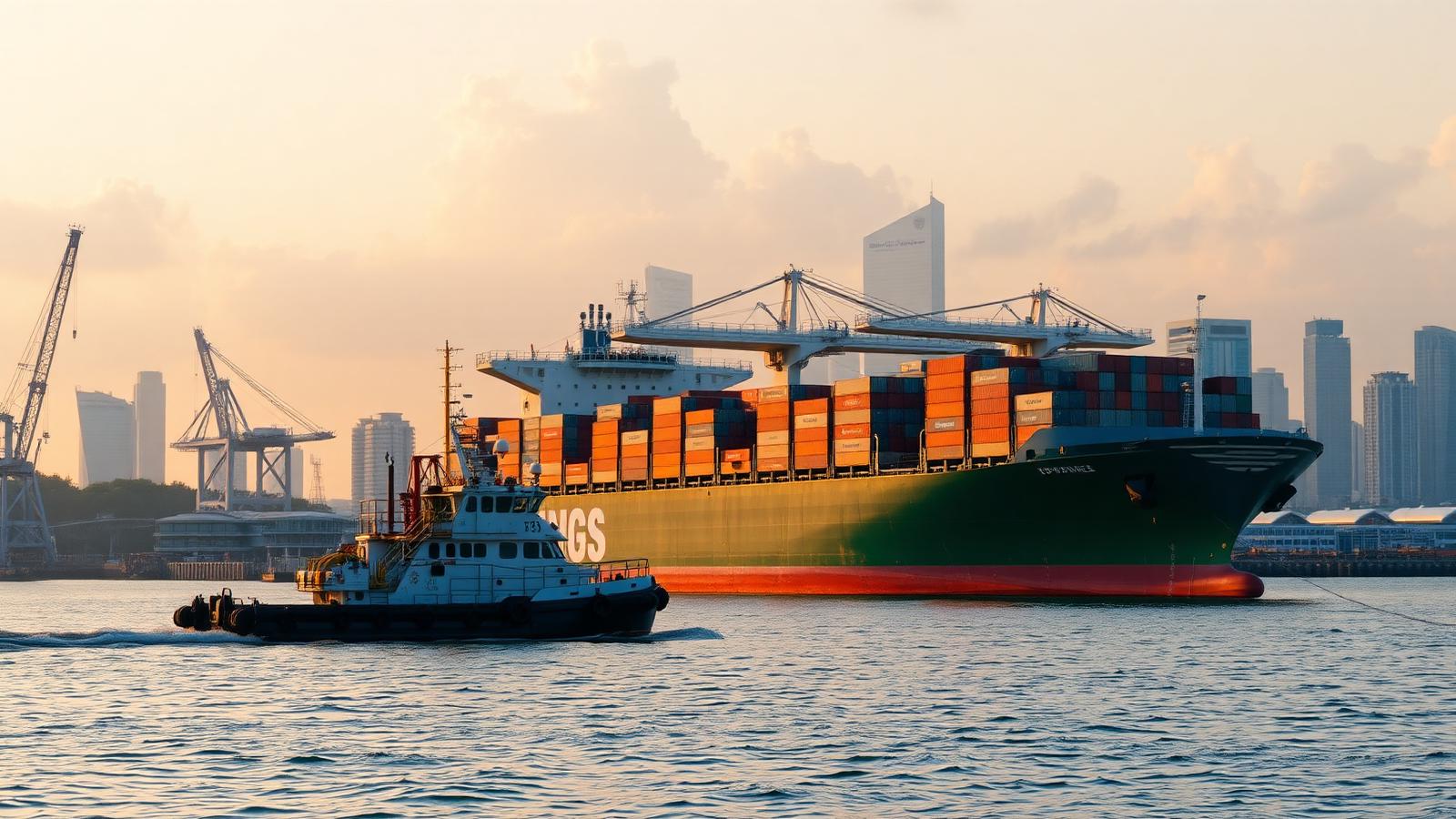 Bunker barge alongside a container ship in Singapore harbour at sunrise