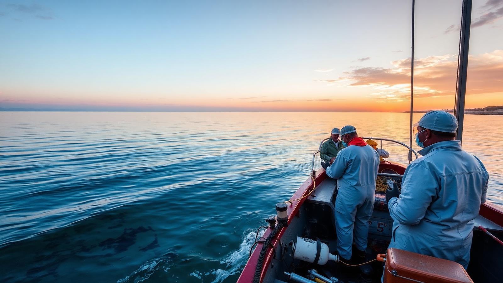 Researchers sampling water from a small boat on the Caspian Sea at sunrise