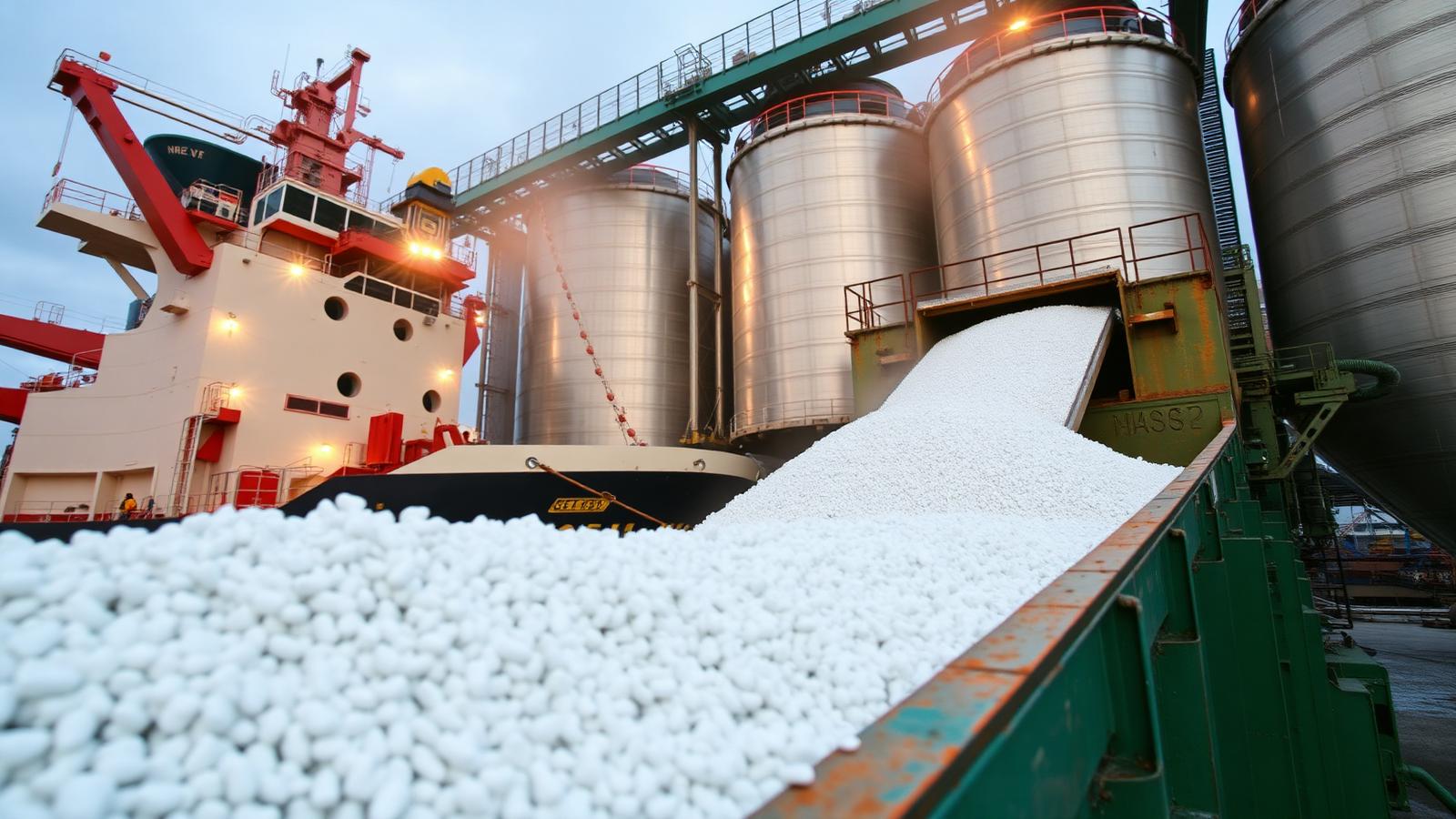 Bulk fertiliser granules on a conveyor beside port silos and a docked vessel