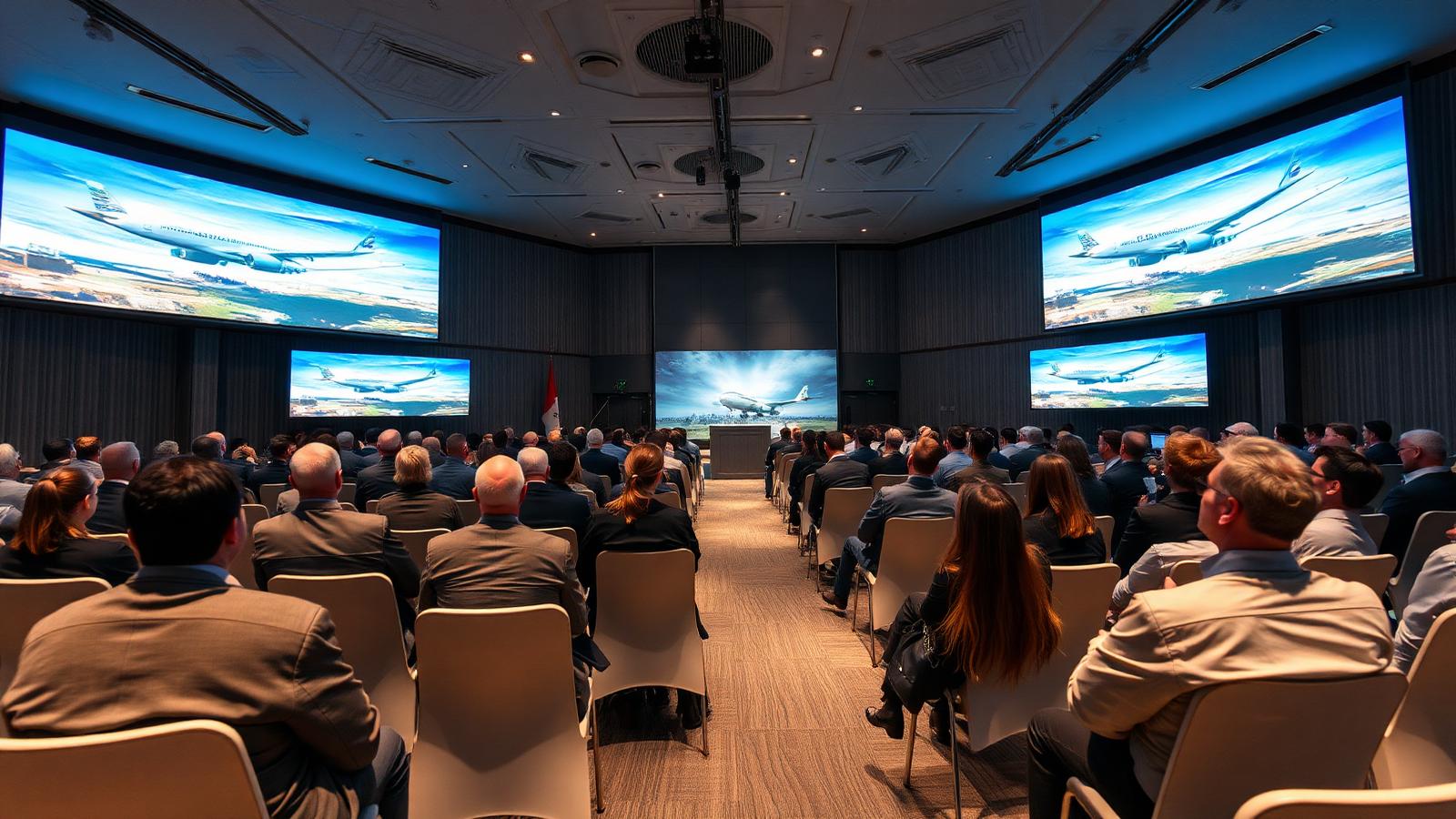 Delegates at an aviation energy industry forum with aircraft imagery on screens