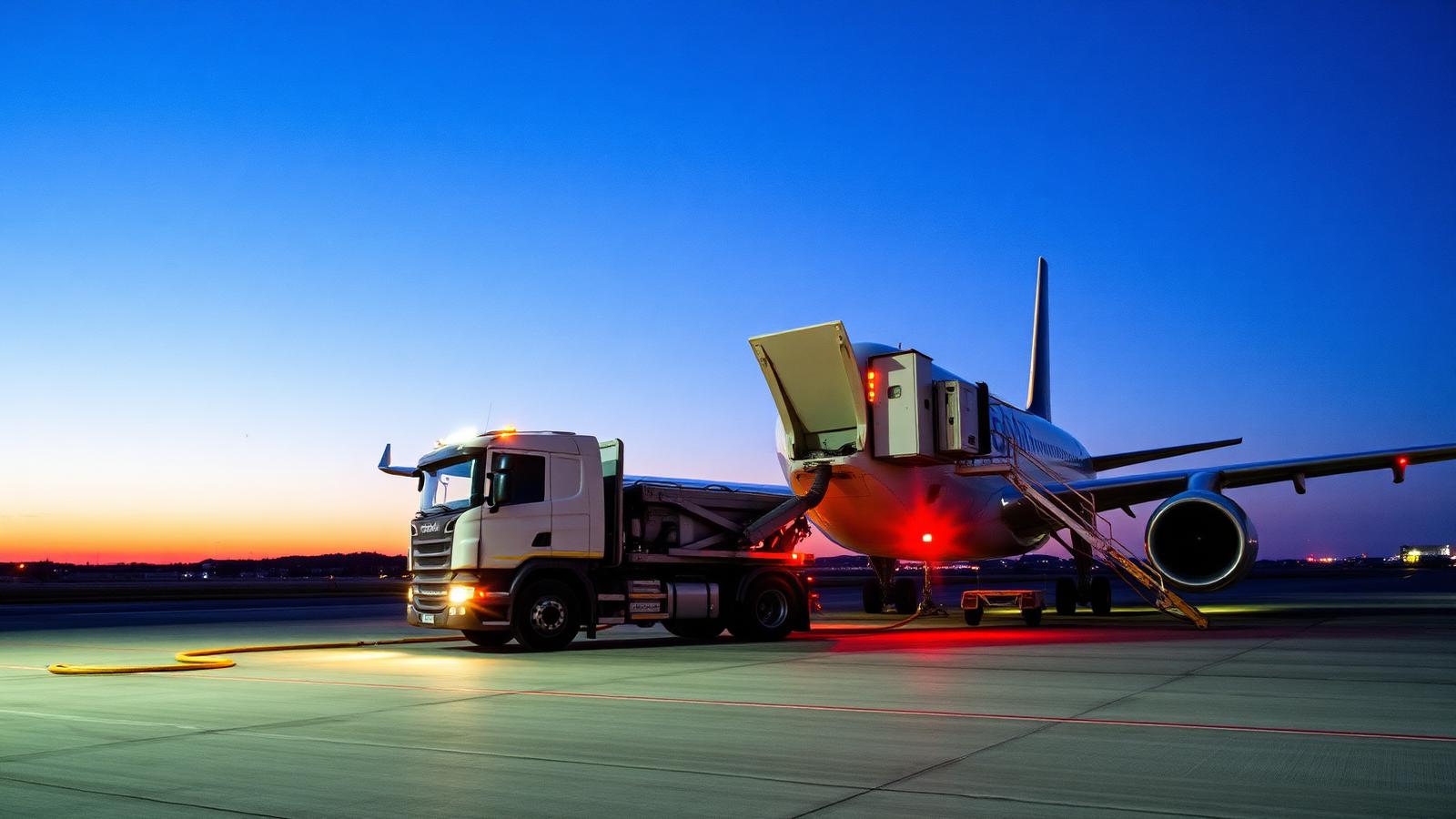Aviation refuelling truck servicing an airliner on a European airport apron at dusk