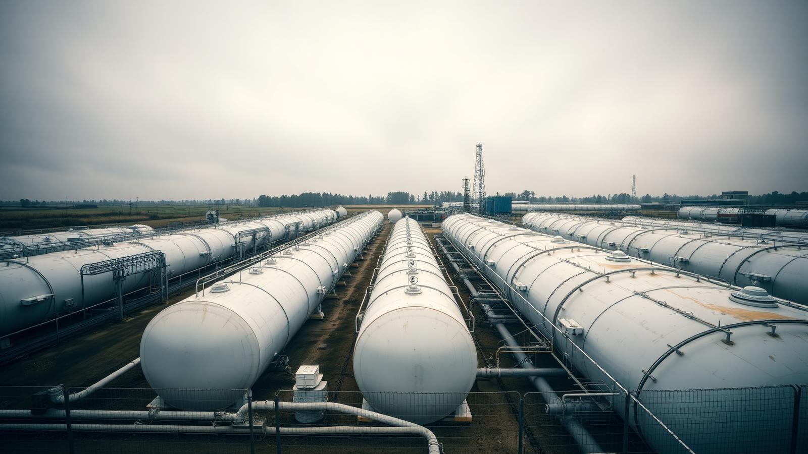 Rows of petroleum product storage tanks and pipework under an overcast sky